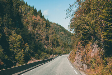 A road in Norway surrounded by trees and mountains