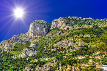 Fototapeta na wymiar Houses on the cliff, Fontvielle, Monte-Carlo, Monaco, Cote d'Azur, French Riviera