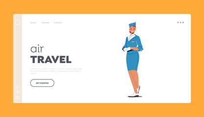 Air Travel Landing Page Template. Stewardess Flight Attendant Air Hostess Girl Wear Blue Uniform and Cap Illustration