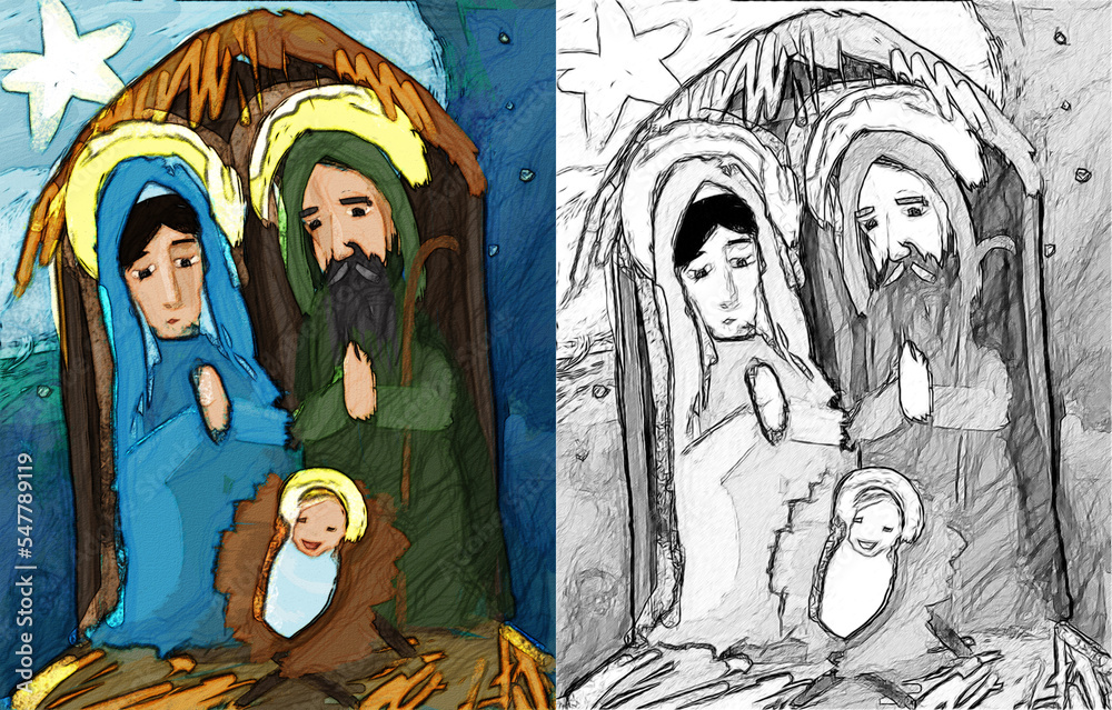 Wall mural cartoon illustration of the holy family with sketch