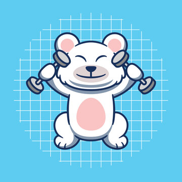 Cute polar bear lifting weights vector cartoon illustration