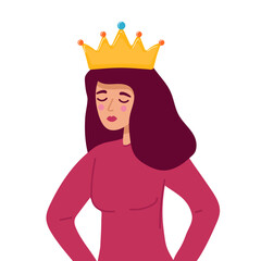 Selfish girl and society concept. Arrogant young woman cartoon character standing with crown above head feeling confident vector illustration
