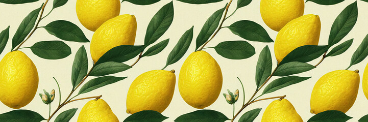 Fresh yellow fruits of lemon, lime, with green leaves. Seamless citrus texture on a white background. Vintage botanical 3d illustration.