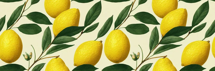 Foto op Plexiglas Fresh yellow fruits of lemon, lime, with green leaves. Seamless citrus texture on a white background. Vintage botanical 3d illustration. © Viks_jin
