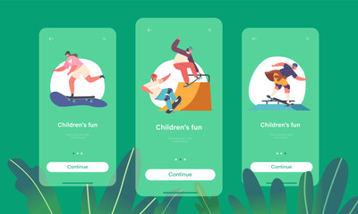 Children Fun Mobile App Page Onboard Screen Template. Kids Characters Skaters On Longboards, Urban Culture, Sport