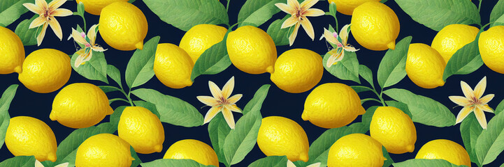 Fresh yellow fruits of lemon, lime, with green leaves. Seamless citrus texture on a white background. Vintage botanical 3d illustration.