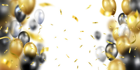 Festive background with flying balloons and falling confetti. Composition with blurred depth of field and central open space for text. Vector illustration