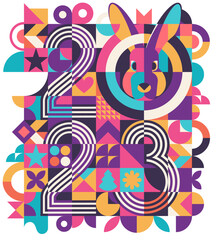 2023 Happy New Year abstract concept design bauhaus style. Chinese New Year rabbit or bunny symbol of 2023. Bright number on black background and mosaic grid pattern.