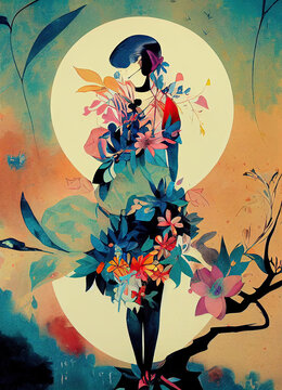Female silhouette vintage style poster, soft tropical ambience, tropical plants and leaves, painted in vibrant color.