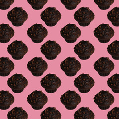 seamless pattern of chocolate chip muffins on pink background 