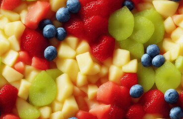 Tileable fruit salad containing berries, pinneaple strawberries, top view, tileable image