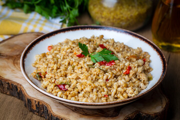 Bulgur pilaf with Siyez wheat and vegetables (Turkish name; siyez bulgur pilavi)