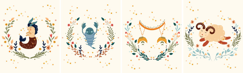 Fototapeta na wymiar Zodiac Scorpio, Capricorn, Libra, Aries with leaves, colorful flowers and stars around. Set Astrological zodiac Signs perfect for posters, logo, cards. Vector illustration