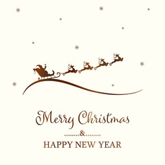 Vector silhouette of the sleigh with Santa Claus and reindeers. Flying deers, magic sleigh with gifts. Christmas symbol, decoration in gold color isolated on red background. Christmas Background.