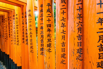 Japanese writings on red gates at Fushimi Inari Taisha in Kyoto Japan