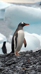 Obraz premium Gentoo penguin (Pygoscelis papua) on the beach at Brown Bluff, Antarctica