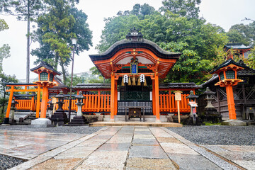 Red temple sanctuary architecture at Fushimi Inari Taisha in Kyoto
