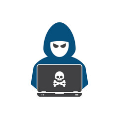 Hacker at laptop icon. Flat illustration of hacker at laptop vector icon for web design	
