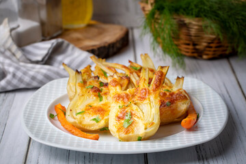 Roasted Fennel with Cheese. Sliced fennel oven roasted in olive oil.