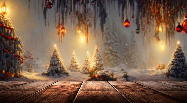 New Year festive empty wooden table, blurred background New Year and Christmas holiday decorations.