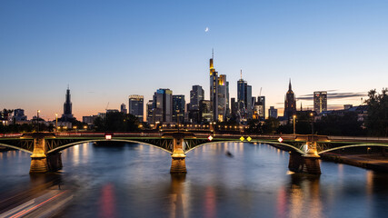 Fototapeta na wymiar Frankfurt am Main city skyline Blue Hour Moving 