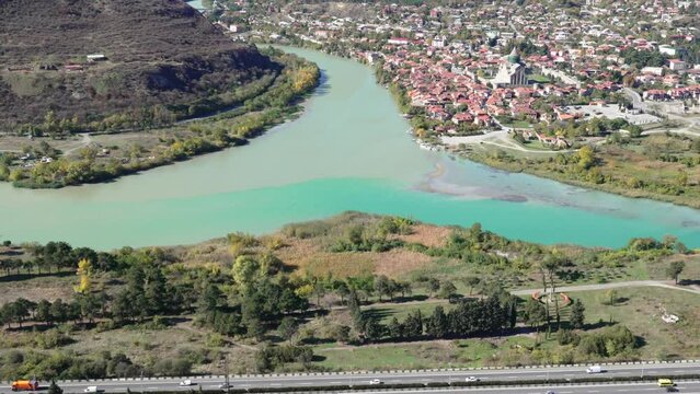 near the city of Mtskheta, the Aragvi River flows into the Kura River. Georgia. 