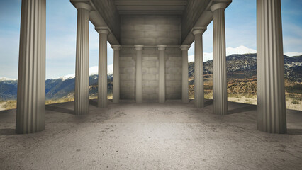 Virtual studio set background, ancient temple at mountain, concept. A live backdrop Ideal for history shows, documentaries, or educational events. 3D render suitable on VR broadcasts with green screen