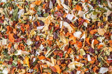 Dry cut and chopped up vegetables mix, top view.