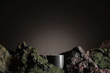 Minimal black cylinder pedestal or podium for product showcase with rocks and stones background. Stand product mockup backdrop. 3d render illustration