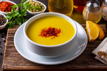 Traditional delicious Turkish foods; Red lentil soup (Turkish name; Mercimek corbasi)