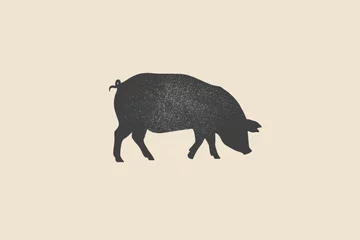Fotobehang Dark silhouette of pig with stamp effect on light background. Vintage emblem for meat products and farms. Can be used for butcher shop, market, menu design, packaging, and labels. Vector illustration. © KOSIM