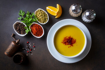 Obraz na płótnie Canvas Traditional delicious Turkish foods; Red lentil soup (Turkish name; Mercimek corbasi)