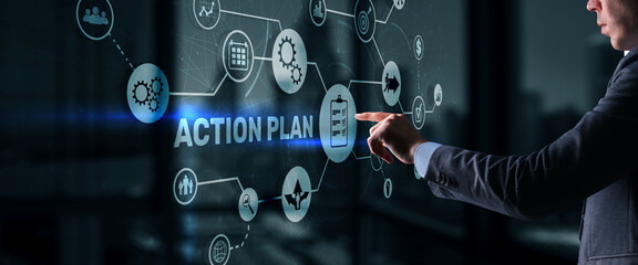 Action Plan Business Technology Strategy concept on virtual screen. Time management