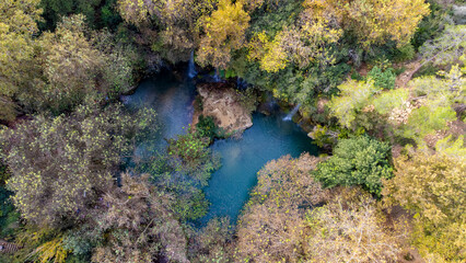 Aerial view of Antalya Kursunlu waterfall with drone.
