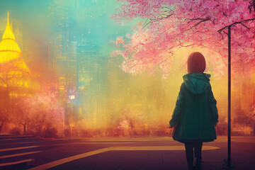 Girl with an umbrella. Japanese city, girl silhouette, sakura blossom, neon.