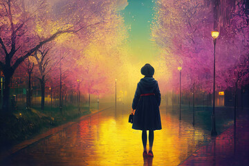 Girl with an umbrella. Japanese city, girl silhouette, sakura blossom, neon.