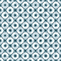 Monochrome geometric seamless vector pattern with small and large circles and semicircles. Truchet repeat minimal shapes in shades of blue for home decor, fashion and packaging.