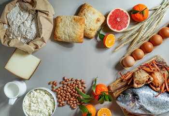 Allergy food concept. allergene - milk, fish, strawberry, bread, eggs, peanuts, citrus, wheat...