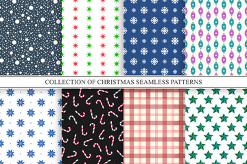 Collection of christmas seamless patterns. Festive colorful new year endless backgrounds. Trendy celebration prints. Can be used as wrapping paper, covers, wallpaper etc