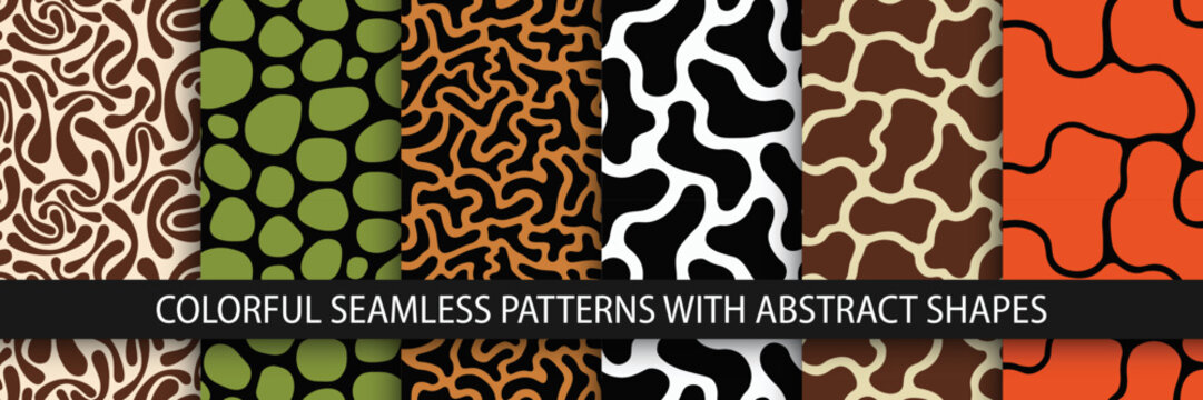 Collection of colorful seamless patterns with abstract shapes. Creative vector backgrounds. Drawing trendy textures