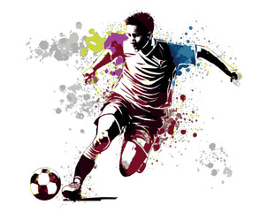 Fototapeta na wymiar Abstract soccer player running with the ball from splash of watercolors. Vector illustration of paints.