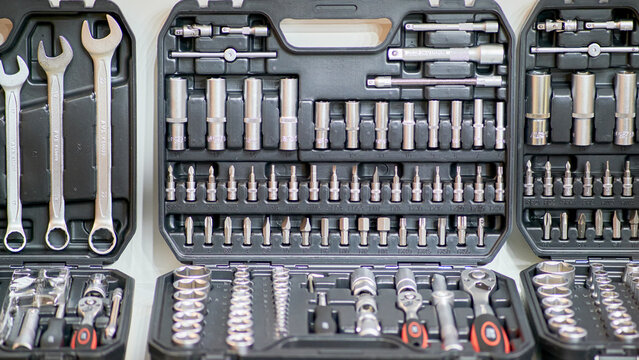 A set of hand tools in a drawer, professional equipment close-up. Exhibition of professional tools for work, repair and construction Mitex - Moscow, Russia, November 09, 2022