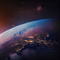 Obraz premium Beautiful planet Earth . View from the space. City lights on the dark side. Photorealistic illustration generated by Ai