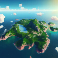 Tropical island in the mountains. Beautiful cartoon illustration generated by Ai	