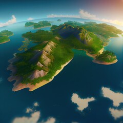 Tropical island in the mountains. Beautiful cartoon illustration generated by Ai	