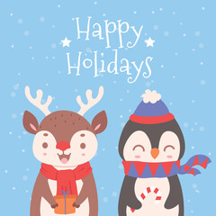 Happy Holidays greeting with a happy reindeer and penguin