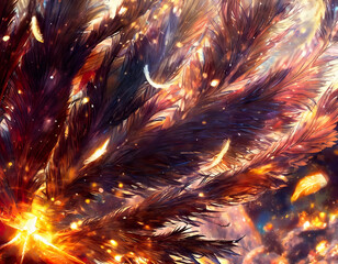 explosion of feathers, feathers like fireworks in the night, feathers, brown and gold colors, background, backdrop, illustration , digital