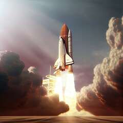 Space rocket with shuttle taking off. Beautiful Illustration generated by ai, is not based on any specific real image	