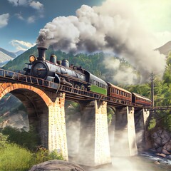 Steam train crossing antique bridge. Stunning illustration generated by Ai
