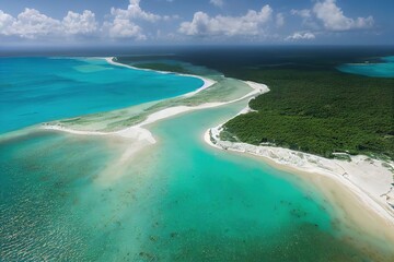 Paradise island and turquoise sea, aerial view. AI generated photorealistic illustration